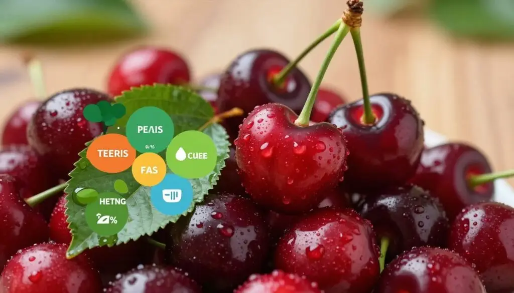 A close-up view of fresh, ripe cherries prominently displayed in the foreground, showcasing droplets of water to emphasize their juiciness and freshness. Beside the cherries, an artistic arrangement of nutritional components: vibrant green leaves and small segments of nutritional info, such as proteins, fats, and carbohydrates displayed visually as colored infographics, harmonizing with the cherries' colors. The background features a blurred wooden table to create a natural, organic feel, while soft, diffused lighting enhances the cherries' glossy surface, adding a warm, inviting atmosphere. The overall mood is fresh, healthy, and informative, suitable for highlighting nutritional value without any text or graphics overlay.
