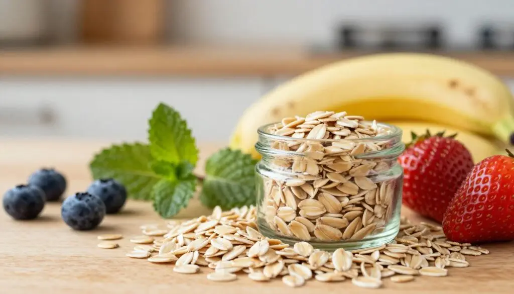 A close-up view of healthy oats scattered on a wooden surface, showcasing their nutritious texture and golden-brown color. In the foreground, a small glass jar filled with oats is surrounded by a variety of fresh fruits like blueberries, bananas, and strawberries for contrast. The middle ground features a few sprigs of green herbs, like mint, adding a touch of vibrancy. In the background, a soft-focus kitchen setting with warm, natural lighting creates an inviting atmosphere, hinting at a breakfast scene. The overall mood is wholesome and fresh, emphasizing the nutritional benefits of oats. The composition is balanced with a shallow depth of field to highlight the ingredients, avoiding any text or distractions. A close-up view of healthy oats scattered on a wooden surface, showcasing their nutritious texture and golden-brown color. In the foreground, a small glass jar filled with oats is surrounded by a variety of fresh fruits like blueberries, bananas, and strawberries for contrast. The middle ground features a few sprigs of green herbs, like mint, adding a touch of vibrancy. In the background, a soft-focus kitchen setting with warm, natural lighting creates an inviting atmosphere, hinting at a breakfast scene. The overall mood is wholesome and fresh, emphasizing the nutritional benefits of oats. The composition is balanced with a shallow depth of field to highlight the ingredients, avoiding any text or distractions.