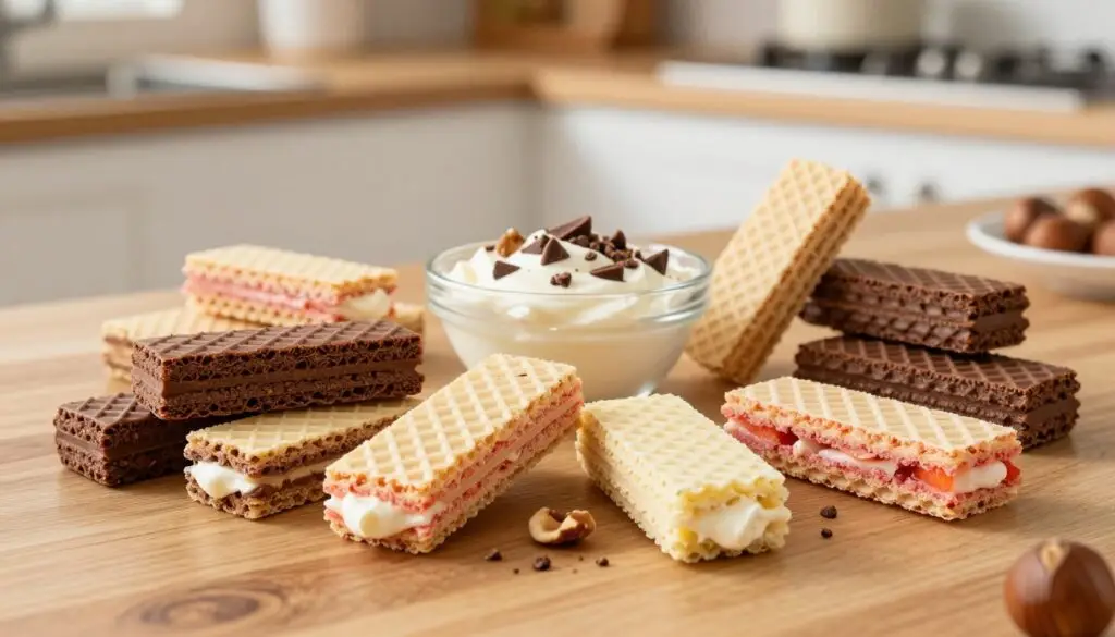 A colorful array of flavored wafers filled with rich cream, elegantly displayed on a wooden table. In the foreground, several wafers are stacked and arranged in various flavors—such as chocolate, vanilla, strawberry, and hazelnut, each with creamy fills peeking out. The middle of the scene features a small glass bowl with additional cream and scattered nuts and chocolate shavings. In the background, soft natural light illuminates the scene, creating a warm and inviting atmosphere, with a blurred kitchen setting suggesting a homey, cozy environment. The image captures the essence of delightful variations of the classic wafer recipe, emphasizing texture and color contrasts, inviting the viewer to indulge in these delicious treats.
