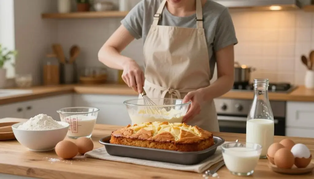 A cozy kitchen scene depicting the step-by-step preparation of a delicious buttermilk cake. In the foreground, a close-up of a wooden countertop is adorned with bowls of flour, sugar, eggs, and buttermilk, along with measuring cups and a whisk. In the middle, a person wearing a modest apron is mixing the ingredients in a large mixing bowl, focusing on the task with a joyful expression. The background features shelves filled with baking supplies and a warm oven, casting soft, inviting light across the scene. The atmosphere is warm and homely, evoking the comfort of baking in a family kitchen. The image should have natural lighting to enhance the freshness of the ingredients and the cheerful mood.