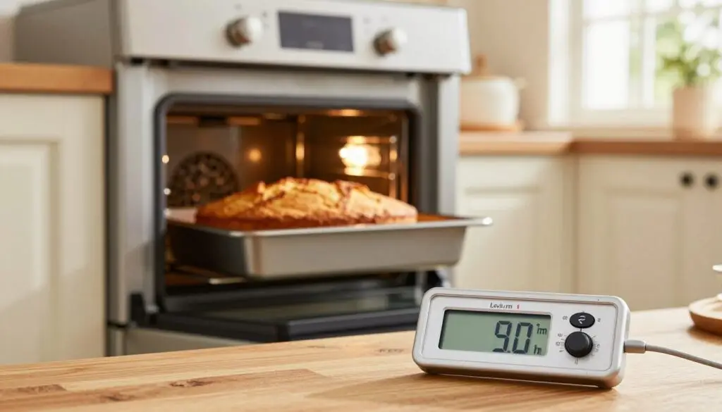 A cozy kitchen scene featuring a classic oven displaying a baking cake, capturing the essence of monitoring temperature while baking. In the foreground, a digital kitchen thermometer rests on a wooden surface, showing the ideal temperature for baking. In the middle, the oven door is slightly ajar, revealing a golden-brown, beautifully risen cake. The background consists of warm-toned kitchen cabinetry and a window with soft, natural sunlight filtering in, creating a welcoming atmosphere. The image should focus on the intricate details of the cake's texture and color, with a shallow depth of field to emphasize the thermometer and the oven, evoking a sense of culinary warmth and precision in baking.