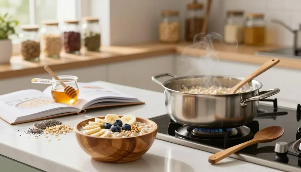 A cozy kitchen scene featuring a nutritious oatmeal preparation. In the foreground, a stylish wooden bowl filled with creamy oatmeal topped with fresh fruits like bananas, blueberries, and a sprinkle of nuts. A shiny, metallic saucepan on a stove shows simmering oats, with a wooden spoon resting nearby. In the middle, a clean kitchen countertop showcasing ingredients such as oats, chia seeds, and honey, next to measuring cups and a stylish cookbook open to an oatmeal recipe. The background consists of soft-focus kitchen shelves lined with jars of spices and healthy ingredients, with warm, natural lighting streaming through a window, creating an inviting and wholesome atmosphere. The scene evokes a sense of health, warmth, and home-cooking joy. A cozy kitchen scene featuring a nutritious oatmeal preparation. In the foreground, a stylish wooden bowl filled with creamy oatmeal topped with fresh fruits like bananas, blueberries, and a sprinkle of nuts. A shiny, metallic saucepan on a stove shows simmering oats, with a wooden spoon resting nearby. In the middle, a clean kitchen countertop showcasing ingredients such as oats, chia seeds, and honey, next to measuring cups and a stylish cookbook open to an oatmeal recipe. The background consists of soft-focus kitchen shelves lined with jars of spices and healthy ingredients, with warm, natural lighting streaming through a window, creating an inviting and wholesome atmosphere. The scene evokes a sense of health, warmth, and home-cooking joy.