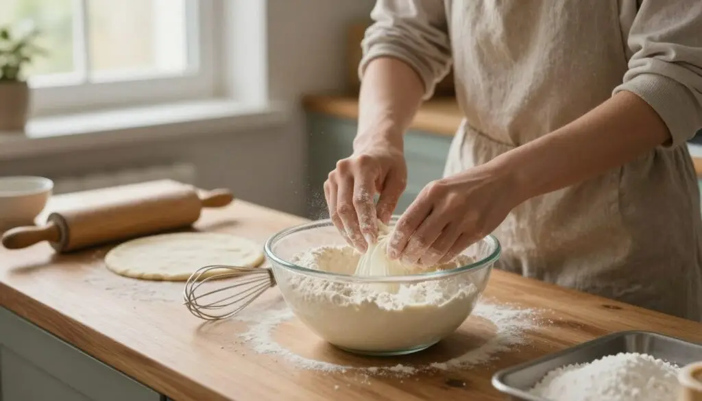 A cozy kitchen scene showcasing the preparation of yeast dough for Rogaliki. In the foreground, a wooden countertop is adorned with a mixing bowl filled with flour, active yeast, sugar, and warm milk, with a whisk resting beside it. A pair of hands in modest, casual attire is seen gently mixing the ingredients, illustrating the step-by-step process. In the middle background, a softly lit kitchen with a window allows natural light to illuminate the scene, enhancing the warm, inviting atmosphere. A rolling pin rests next to a sheet of dough, while a tray waits subtly at the edge, hinting at the next stages. The color palette reflects earthy tones, fostering a homely and comforting mood. No text or additional elements should distract from the image’s focus.