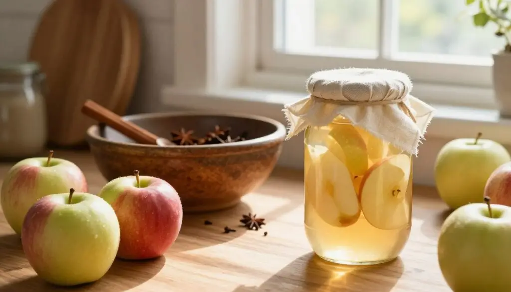 A cozy kitchen scene showcasing the step-by-step process of making homemade apple cider vinegar. In the foreground, a wooden countertop displays fresh, vibrant apples, a glass jar filled with apple slices, and a piece of cheesecloth tied over the top, capturing the fermentation process. The middle section features a large, rustic bowl mixing aromatic spices like cinnamon and cloves, symbolizing flavor infusion. In the background, soft sunlight streams through a window, casting gentle shadows and creating a warm, inviting atmosphere. The setting should feel homely and natural, with earthy tones highlighting fresh ingredients. The image has a soft focus to enhance a dreamy, nostalgic mood, emphasizing the art of traditional culinary practices.