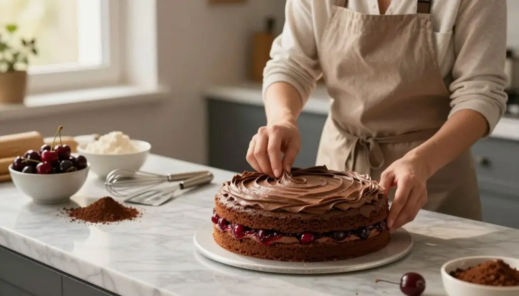 A cozy kitchen setting featuring a skilled baker assembling a traditional Wuzetka cake. The foreground showcases layers of rich chocolate sponge cake being carefully arranged, with smooth chocolate cream and a layer of cherry filling peeking through. In the middle ground, a marble countertop is adorned with bowls of ingredients, such as fresh cherries and cocoa powder, with a whisk and spatula thoughtfully placed nearby. The background highlights soft, warm lighting from a nearby window, creating an inviting atmosphere. The baker, dressed in a tidy apron and modest clothing, is focused intently on the cake assembly process, adding a touch of personal care and artistry to this final stage. The scene exudes warmth, creativity, and the joy of baking. A cozy kitchen setting featuring a skilled baker assembling a traditional Wuzetka cake. The foreground showcases layers of rich chocolate sponge cake being carefully arranged, with smooth chocolate cream and a layer of cherry filling peeking through. In the middle ground, a marble countertop is adorned with bowls of ingredients, such as fresh cherries and cocoa powder, with a whisk and spatula thoughtfully placed nearby. The background highlights soft, warm lighting from a nearby window, creating an inviting atmosphere. The baker, dressed in a tidy apron and modest clothing, is focused intently on the cake assembly process, adding a touch of personal care and artistry to this final stage. The scene exudes warmth, creativity, and the joy of baking.