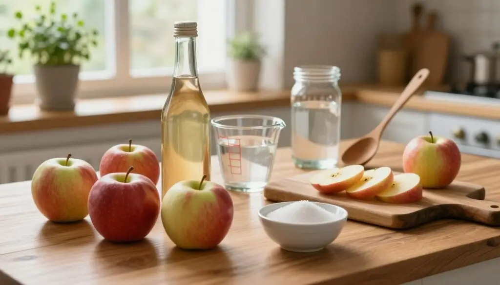 A cozy kitchen setting filled with the essential ingredients for making homemade apple cider vinegar. In the foreground, a polished wooden table showcases fresh, vibrant organic apples, a bottle of raw apple cider vinegar, a bowl of sugar, and jars of filtered water. The middle section features a glass measuring cup and a wooden spoon, while a rustic cutting board displays cut apple slices. The background reveals warm, natural light flowing through a window adorned with herbs in pots, enhancing the homey atmosphere. The scene captures the essence of simplicity and craftsmanship, inviting viewers into the process of creating apple cider vinegar. Soft focus depth of field to emphasize the ingredients, with a warm color palette for a welcoming feel.
