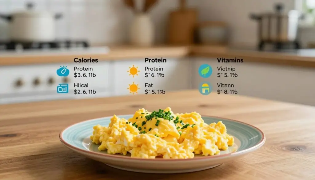 A detailed nutritional breakdown of scrambled eggs made from two eggs, displayed elegantly on a wooden table. In the foreground, a colorful plate holds a perfectly cooked, fluffy serving of scrambled eggs, garnished with a sprinkle of fresh herbs like chives or parsley. In the middle, an infographic style layout reveals key nutritional values, such as calories, protein, fat, and vitamins, represented visually with colorful icons and graphs. The background features a softly lit kitchen with blurred appliances and a warm ambiance, captured in natural light emphasizing home-cooked comfort. The mood is inviting and educational, reflecting a nutritious lifestyle.