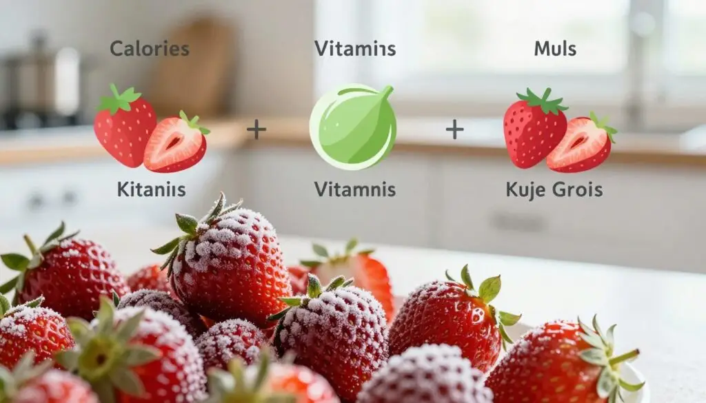 A detailed nutritional infographic showcasing frozen strawberries. In the foreground, vibrant and frozen strawberries glistening with frost, illustrating their freshness and nutrient density. In the middle, visually appealing graphical representations of key nutritional values such as calories, vitamins, and minerals, arranged stylishly to highlight their benefits. The background is a soft-focus kitchen setting, emphasizing a healthy lifestyle, with natural light streaming in, creating a bright and inviting atmosphere. The image should have a clean and organized layout, with a harmonious color palette featuring red, green, and white tones that convey freshness and vitality. No text, logos, or watermarks should be present.