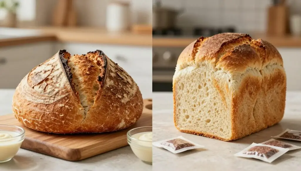A high-quality split image showcasing the differences between sourdough bread and yeast bread. On the left, a loaf of golden-brown sourdough, with a crispy crust revealing a soft, airy interior, displayed on a wooden cutting board alongside a small bowl of sourdough starter. On the right, a fluffy, uniform loaf of yeast bread with a smooth crust, cut to show a light, even crumb, with a few scattered yeast packets for visual contrast. The background features a cozy kitchen environment with warm, soft natural light illuminating the scene, creating an inviting atmosphere. Shot from a slightly elevated angle to capture both breads clearly, emphasizing their textures and colors, while conveying a sense of warmth and comfort. A high-quality split image showcasing the differences between sourdough bread and yeast bread. On the left, a loaf of golden-brown sourdough, with a crispy crust revealing a soft, airy interior, displayed on a wooden cutting board alongside a small bowl of sourdough starter. On the right, a fluffy, uniform loaf of yeast bread with a smooth crust, cut to show a light, even crumb, with a few scattered yeast packets for visual contrast. The background features a cozy kitchen environment with warm, soft natural light illuminating the scene, creating an inviting atmosphere. Shot from a slightly elevated angle to capture both breads clearly, emphasizing their textures and colors, while conveying a sense of warmth and comfort.