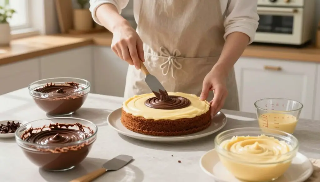 A step-by-step depiction of the technique for layering zebra cake batter, focusing on a beautifully organized kitchen setting. In the foreground, a baking table is adorned with bowls of rich chocolate and vanilla cake batters, a spatula, and a measured cup. The middle composition shows the process of swirling the batters together, emphasizing the contrasting colors. Soft, natural light streams through a window, casting gentle shadows that enhance the textures of the cake. In the background, a cozy kitchen scene is visible, with baking tools and a vintage oven, creating a warm and inviting atmosphere reminiscent of home baking. The overall mood is cheerful and inspirational, encouraging viewers to try this classic recipe.