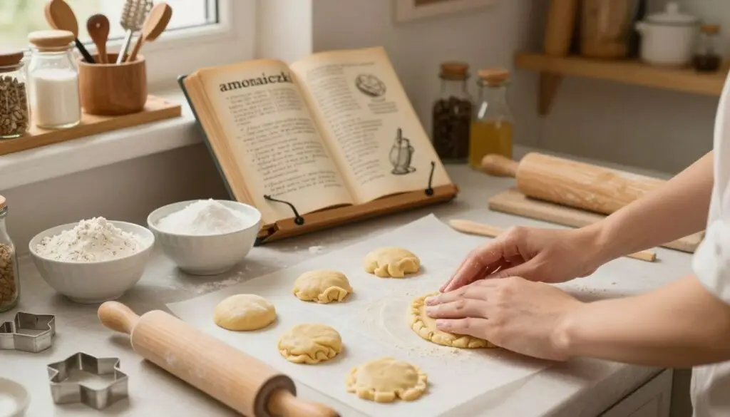 A step-by-step instruction image for making "amoniaczki," featuring a beautifully arranged kitchen counter with a variety of ingredients: flour, sugar, and baking powder in neat bowls, alongside uncooked amoniaczki on parchment paper. The foreground focuses on hands gently mixing dough, with a rolling pin and cookie cutters placed nearby. In the middle-ground, a vintage recipe book is partially open, showcasing handwritten notes and illustrations. The background includes soft, warm lighting illuminating the kitchen, with shelves stocked with baking tools and spices. The atmosphere should evoke a cozy, inviting feeling, reminiscent of a family kitchen filled with love and tradition, perfect for illustrating a classic recipe.