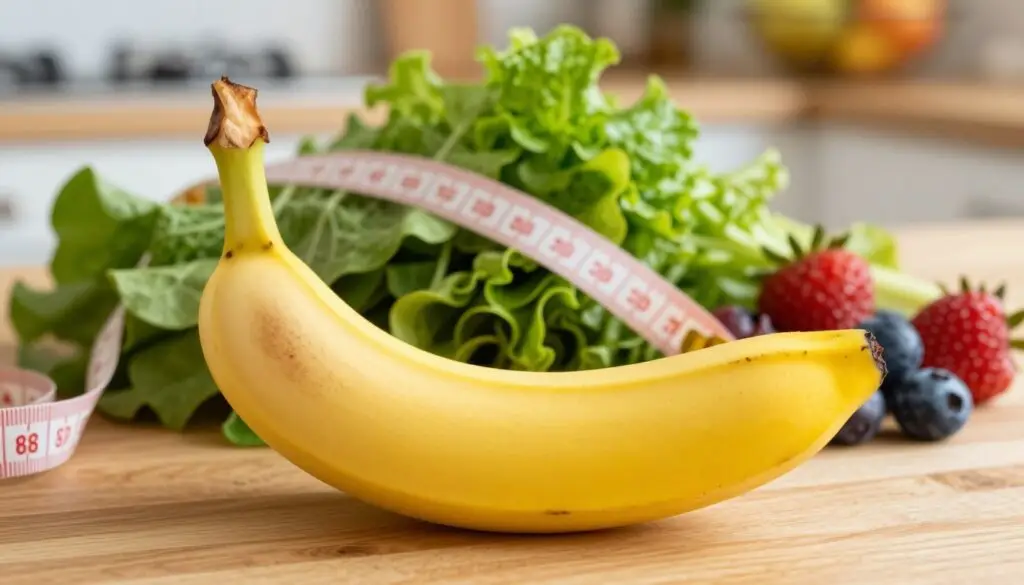 A vibrant and fresh banana sits prominently in the foreground, showcasing its bright yellow skin with speckles, slightly illuminated by soft, natural light. In the middle ground, an arrangement of healthy foods surrounds the banana, including leafy greens, berries, and a measuring tape, symbolizing a weight loss diet. The background features a blurred kitchen setting, with a wooden countertop and a fruit bowl, enhancing the wholesome atmosphere. The lighting is warm and inviting, creating a cheerful mood that emphasizes health and nutrition. The angle is slightly overhead, highlighting the banana and its companion foods, while evoking a sense of balance and vitality without any distractions or added text.
