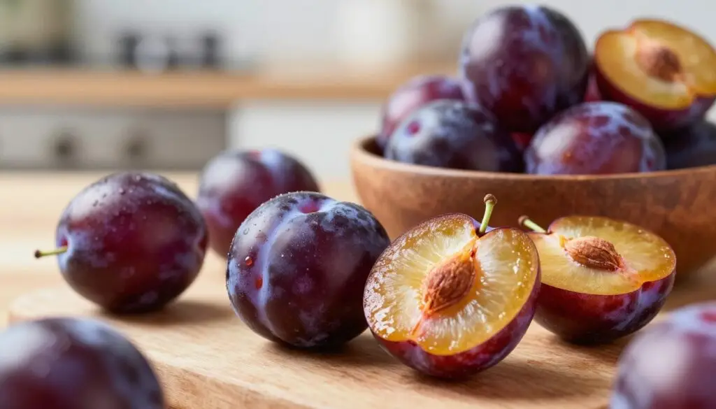 A vibrant close-up depiction of ripe plums, showcasing their juicy flesh and smooth skin, arranged artistically on a wooden table. In the foreground, focus on a few halved plums displaying their rich purple hue and golden pits, highlighting their nutritional value. In the middle ground, include a rustic bowl filled with whole plums, emphasizing their freshness and appeal. The background features a softly blurred kitchen setting bathed in warm, natural light, suggesting a cozy atmosphere. Use a shallow depth of field to draw attention to the plums, evoking a sense of healthfulness and deliciousness, perfect for illustrating the nutritional benefits of plums.