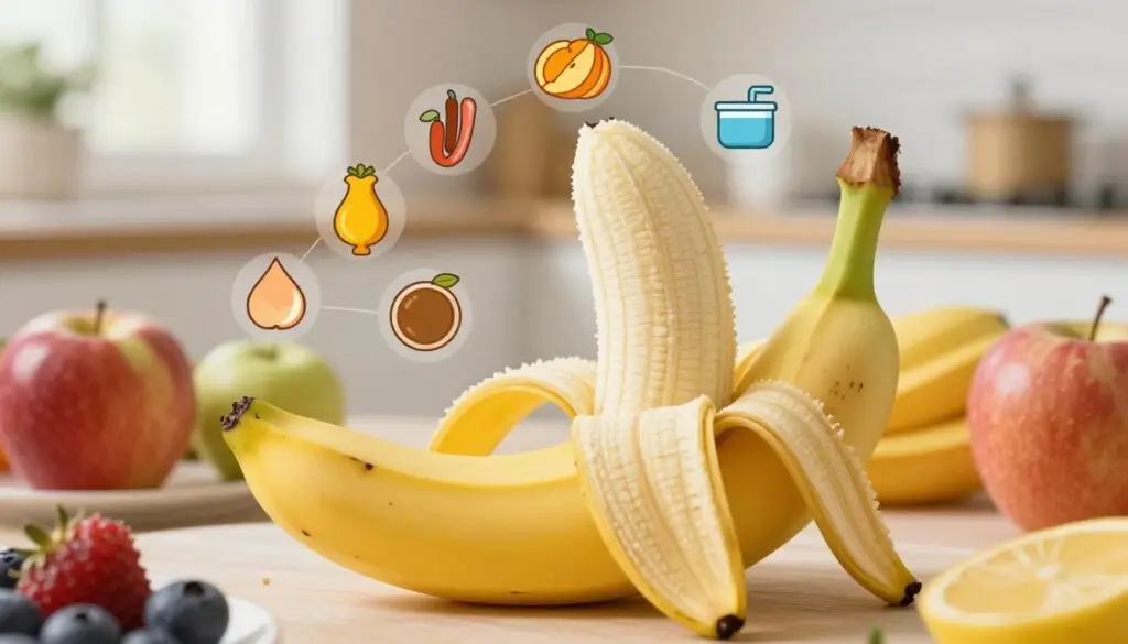A vibrant, detailed composition showcasing the nutritional values of a banana. In the foreground, a ripe banana with its peel partially opened, revealing its smooth, yellow flesh. Surrounding the banana, various colorful fruits like berries and apples, representing different nutritional elements. In the middle ground, illustrated icons or symbols representing nutrients such as vitamins, minerals, and fiber, arranged artistically around the banana. The background features a soft, blurred kitchen setting with natural light streaming in, creating a warm and inviting atmosphere. The lens perspective is slightly angled to focus on the banana while keeping the surrounding elements in view, capturing the essence of healthy eating and nutrition. The overall mood is educational and positive, emphasizing the hidden nutritional treasures beyond just the calorie count.