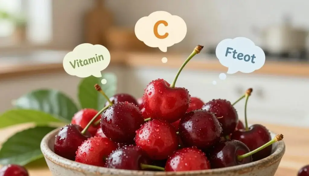 A vibrant, inviting image showcasing cherries resting in a rustic bowl, symbolizing their rich nutritional profile. In the foreground, a close-up view of luscious red cherries glistening with dew, highlighting their freshness. Surrounding the cherries, delicate tags representing vitamins and minerals softly float, resembling thought bubbles that illustrate elements like Vitamin C, potassium, and antioxidants. The middle ground features lush green leaves, emphasizing a natural, organic feel. In the background, a softly blurred kitchen setting with warm, natural lighting creates a cozy atmosphere, inviting viewers into a world of healthy eating. Capture the scene with a shallow depth of field for a dreamy effect, focusing sharply on the cherries while allowing the background to subtly compliment the main subject.