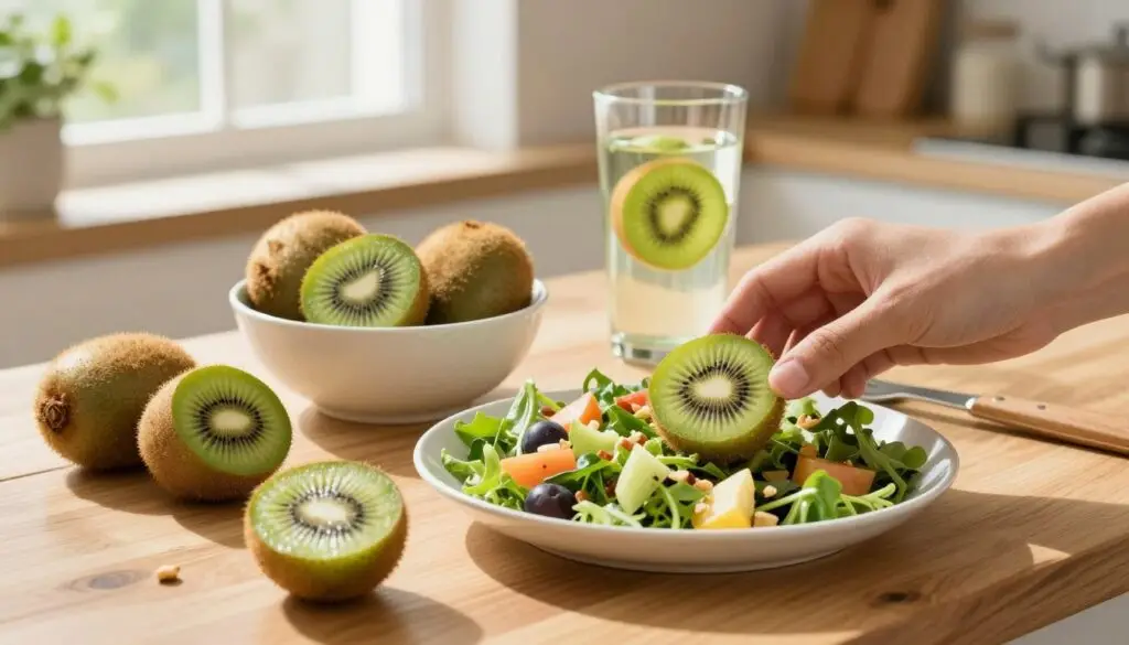 A vibrant wooden kitchen table laden with fresh kiwi fruits, both whole and sliced, is the focal point of the image. In the foreground, a hand gently places a slice onto a colorful salad, which features greens, nuts, and other fruits, showcasing a healthy meal option. In the middle ground, a bowl of kiwi sits next to a glass of kiwi-infused water, reflecting the fruit's juicy green interior. Sunlight streams through a nearby window, creating soft, warm lighting that enhances the fresh and inviting atmosphere. The background features hints of kitchen utensils and fresh herbs, further emphasizing a wholesome, nutritious lifestyle. The overall mood is cheerful and healthy, inviting viewers to consider incorporating kiwi into their daily diets.