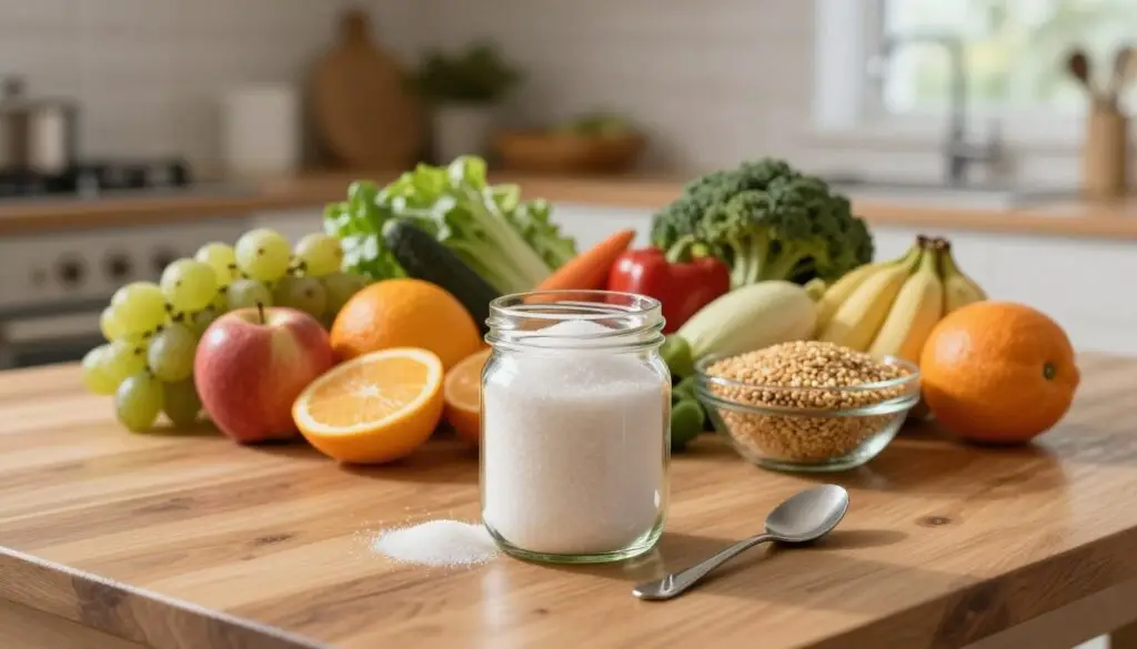 A visually engaging composition illustrating health recommendations on sugar consumption, set in a modern kitchen. In the foreground, a wooden table holds a clear glass jar filled with granulated sugar, a spoon resting beside it. The middle ground features a vibrant assortment of healthy foods, such as fruits, vegetables, and whole grains, arranged artfully to suggest balanced dietary choices. The background includes a softly blurred kitchen setting with natural light streaming through a window, casting warm highlights on the objects. The atmosphere is informative yet inviting, designed to evoke a sense of awareness and healthy living. The scene should be captured with a wide-angle lens to create depth and focus on the vibrant colors and textures of the food. A visually engaging composition illustrating health recommendations on sugar consumption, set in a modern kitchen. In the foreground, a wooden table holds a clear glass jar filled with granulated sugar, a spoon resting beside it. The middle ground features a vibrant assortment of healthy foods, such as fruits, vegetables, and whole grains, arranged artfully to suggest balanced dietary choices. The background includes a softly blurred kitchen setting with natural light streaming through a window, casting warm highlights on the objects. The atmosphere is informative yet inviting, designed to evoke a sense of awareness and healthy living. The scene should be captured with a wide-angle lens to create depth and focus on the vibrant colors and textures of the food.