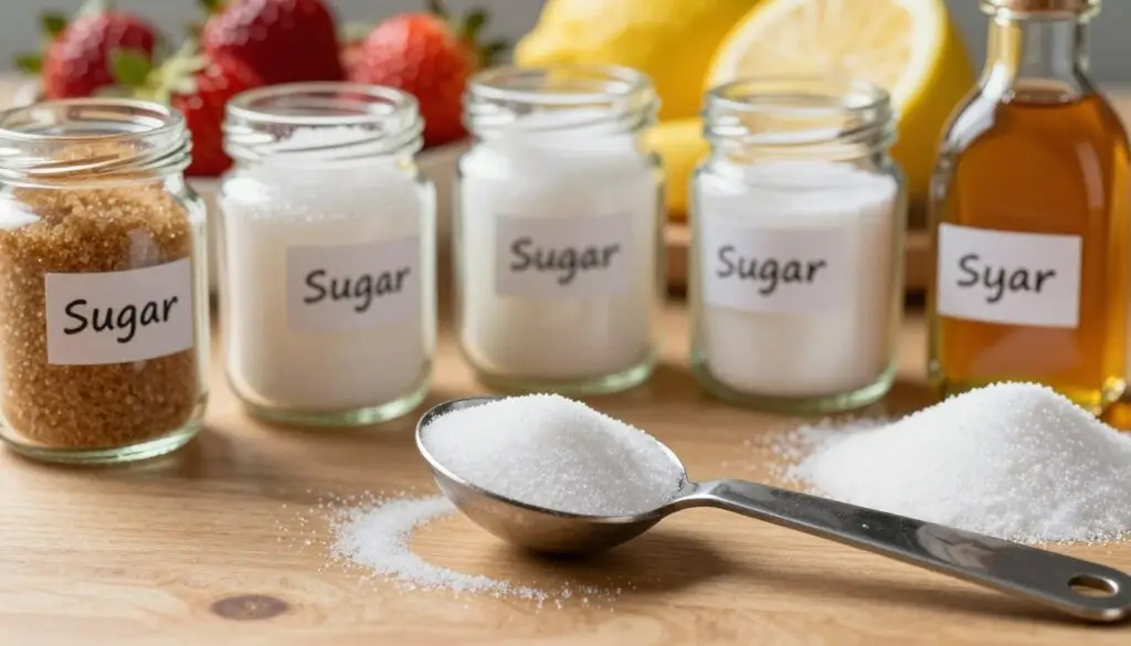 A visually engaging still life display illustrating various types of sugar, including white granulated, brown sugar, powdered sugar, and natural sweeteners like honey and agave syrup. In the foreground, a measuring spoon filled with white sugar glistens under soft, warm lighting, casting gentle shadows on a wooden table. The middle ground showcases glass jars containing each type of sugar, clearly labeled, with a background of fresh fruits like strawberries and lemons, symbolizing natural sweetness. The atmosphere is inviting and informative, suggesting a culinary exploration. The scene should be captured from a slightly elevated angle, focusing on the textures and colors of the sugars, without any text or branding, to emphasize the subject of caloric content and sugar types. A visually engaging still life display illustrating various types of sugar, including white granulated, brown sugar, powdered sugar, and natural sweeteners like honey and agave syrup. In the foreground, a measuring spoon filled with white sugar glistens under soft, warm lighting, casting gentle shadows on a wooden table. The middle ground showcases glass jars containing each type of sugar, clearly labeled, with a background of fresh fruits like strawberries and lemons, symbolizing natural sweetness. The atmosphere is inviting and informative, suggesting a culinary exploration. The scene should be captured from a slightly elevated angle, focusing on the textures and colors of the sugars, without any text or branding, to emphasize the subject of caloric content and sugar types.