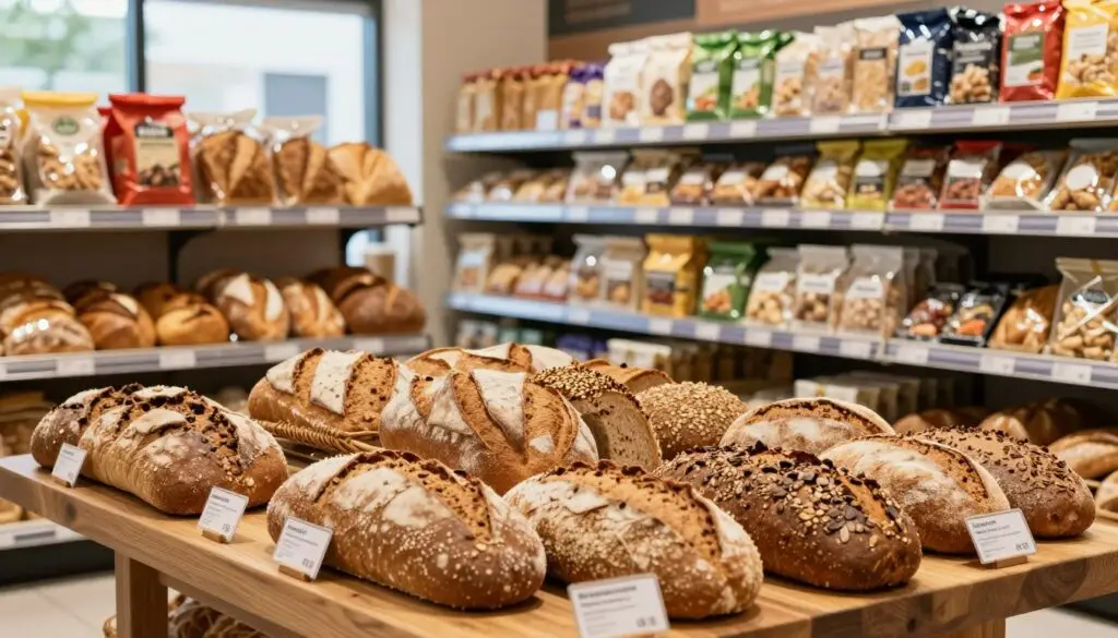 A well-organized grocery store bread aisle, showcasing a variety of healthy bread options. In the foreground, a wooden table displays diverse loaves: whole grain, multigrain, and spelt, each labeled with clear nutritional information. In the middle, shelves are lined with an array of colorful bread packages, prominently featuring whole food ingredients. The background features soft, natural lighting filtering through a nearby window, casting a warm glow over the scene. The atmosphere is inviting and health-conscious, evoking a sense of mindful shopping. The image captures the essence of selecting nutritious bread choices, emphasizing vibrant colors and fresh ingredients, with no people present in the scene. A well-organized grocery store bread aisle, showcasing a variety of healthy bread options. In the foreground, a wooden table displays diverse loaves: whole grain, multigrain, and spelt, each labeled with clear nutritional information. In the middle, shelves are lined with an array of colorful bread packages, prominently featuring whole food ingredients. The background features soft, natural lighting filtering through a nearby window, casting a warm glow over the scene. The atmosphere is inviting and health-conscious, evoking a sense of mindful shopping. The image captures the essence of selecting nutritious bread choices, emphasizing vibrant colors and fresh ingredients, with no people present in the scene.