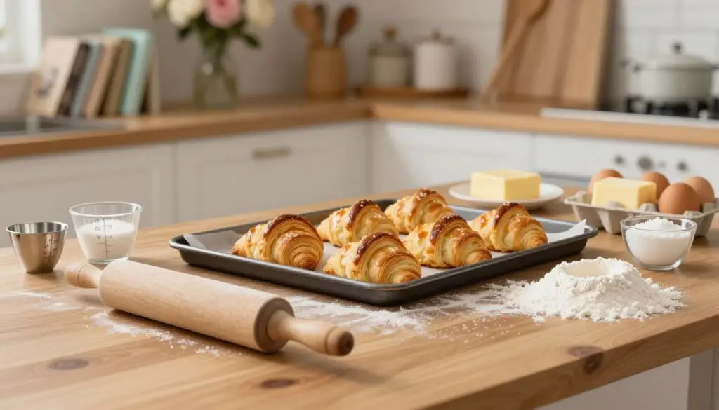 A well-organized kitchen setting focused on baking, featuring a wooden table in the foreground adorned with neat baking tools: a rolling pin, measuring cups, and flour dust, showcasing an inviting atmosphere. In the middle ground, display a partially baked, golden-brown pastry—croissant-shaped and flaky, resting on a baking sheet. Surround it with fresh ingredients like eggs, butter, and sugar artfully arranged to suggest preparation. The background should include shelves lined with cookbooks and flowers in a vase, bathed in warm, soft lighting to evoke a cozy, homely vibe. Capture the scene from a slightly elevated angle to highlight the baking process, creating an atmosphere of inspiration and warmth, perfect for achieving baking perfection.