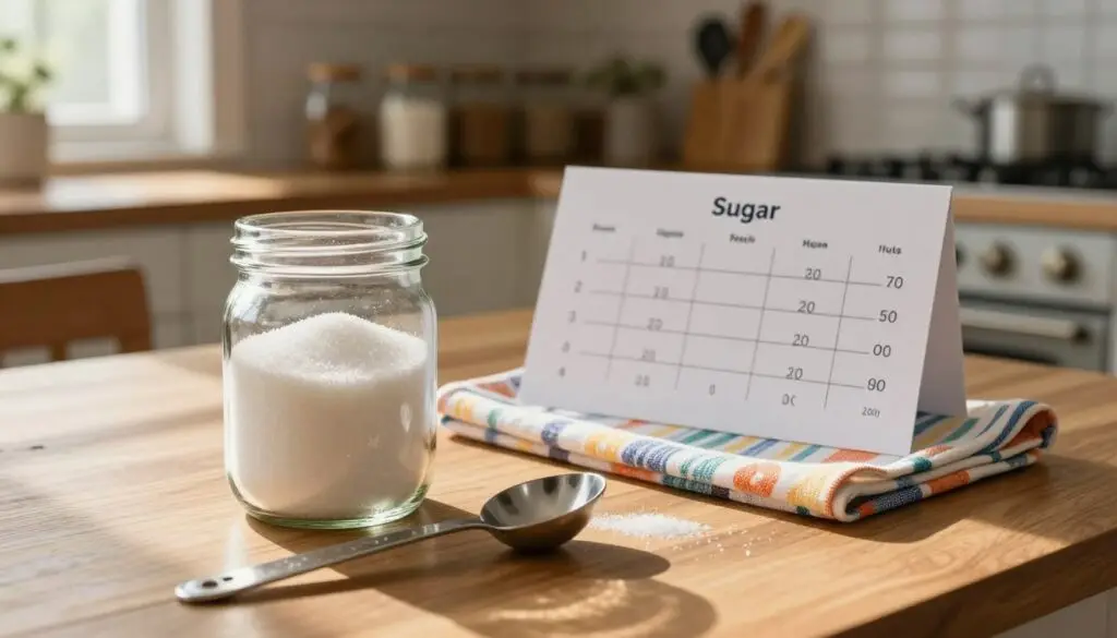 A wooden kitchen table is the scene, adorned with a clear glass jar filled with granulated sugar. In the foreground, a silver measuring spoon sits next to the jar, ready for use. The middle ground features a neatly arranged sugar measurement guide, displayed on a colorful kitchen towel. Natural sunlight streams in from a nearby window, casting soft shadows, creating a warm and inviting atmosphere. In the background, blurred images of a cozy kitchen setting with shelves lined with jars and cooking utensils add warmth. A close-up shot captures the texture of the sugar and the reflections on the jar, emphasizing the practical approach to measuring sugar without a scale, evoking a homely cooking vibe. A wooden kitchen table is the scene, adorned with a clear glass jar filled with granulated sugar. In the foreground, a silver measuring spoon sits next to the jar, ready for use. The middle ground features a neatly arranged sugar measurement guide, displayed on a colorful kitchen towel. Natural sunlight streams in from a nearby window, casting soft shadows, creating a warm and inviting atmosphere. In the background, blurred images of a cozy kitchen setting with shelves lined with jars and cooking utensils add warmth. A close-up shot captures the texture of the sugar and the reflections on the jar, emphasizing the practical approach to measuring sugar without a scale, evoking a homely cooking vibe.
